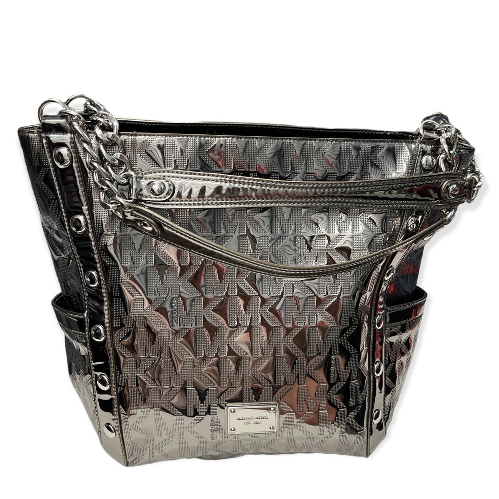 Michael Michael Kors Signature Metallic Silver Jet Set LG Tote Bag & Wristlet
